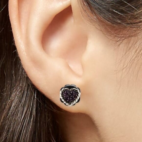 DAVID YURMAN STERLING SILVER & 14K WHITE GOLD SAPPHIRE HEART STUD EARRINGS - Picture 7 of 7